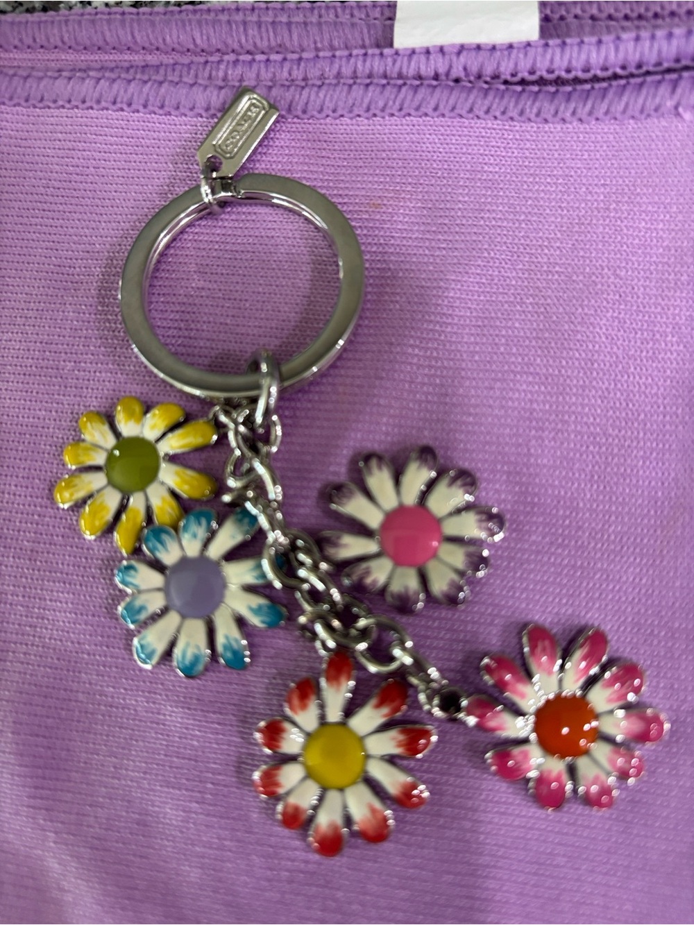 Coach Enamel Daisy Charm Keyring in Yellow, Blue, Purple, Red, Pink